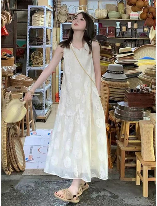 無袖連衣裙女夏季寬鬆A字長裙子 氣質, 白色