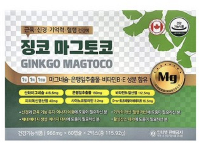 혈행 개선 마그네슘 영양제 징코마그토코 은행잎추출물 토코페롤 피리독신 시아노코발라민, 120정, 1개