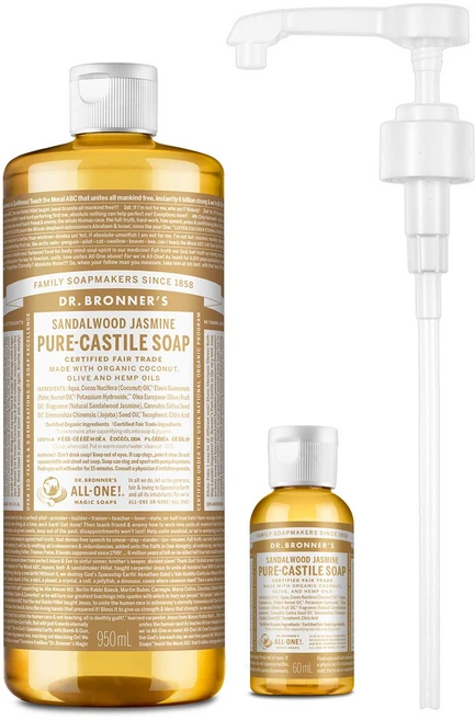 닥터브로너스 캐스틸 솝 샌달우드 자스민 950ml+60ml+펌프 세트, 1.01kg, 1개 - 쿠팡