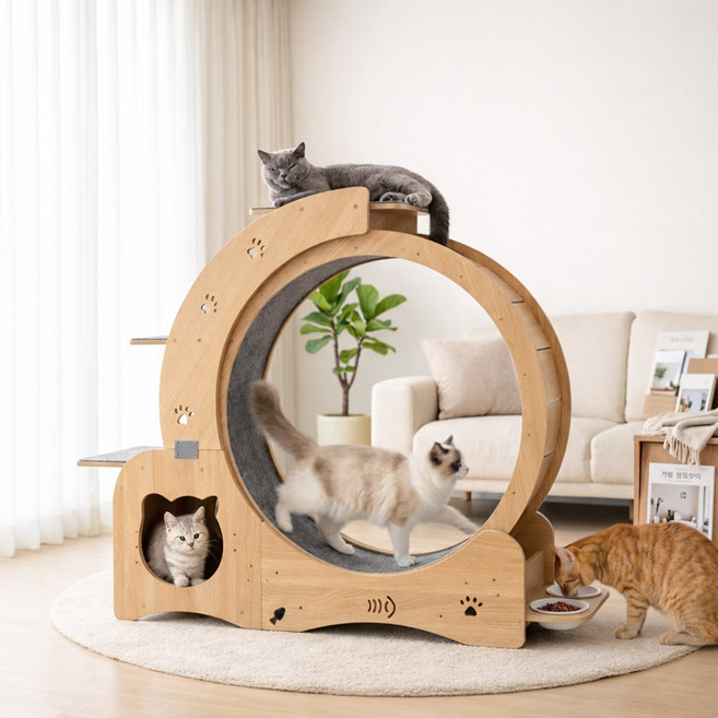 목재 고양이 러닝 휠 캣휠 캣타워 겸용 운동+휴식+놀이 3in1 디자인 소음방지 매트+급식 트레이+장난감 포함 반려묘 건강 관리 펫용품, 1개, 원목색