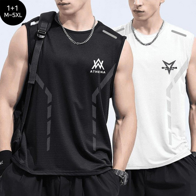 FANSYLI 1+1 남성 기능성 드라이핏 아이스쿨 냉감 민소매 티셔츠 2장 세트 피트니스 달리기 라이딩 스포츠 땀복 쿨티셔츠 2P 2601JLL3617