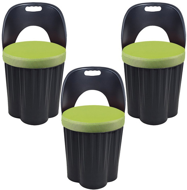 천하퍼니처 국내생산 등받이 일체형 수납 스툴 원형원통 깡통의자 블랙, 블랙/그린, 3개