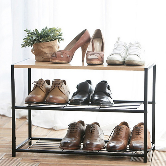 철제 조립식 낮은 3단 선반 현관 신발정리대 (블랙)