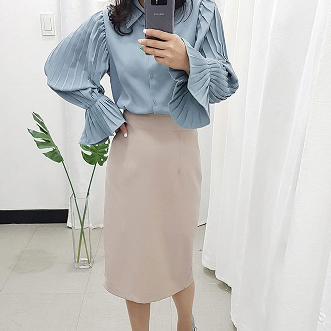 네모엔룩 뒷트임 하이라인 심플베이직 미디 정장 스커트