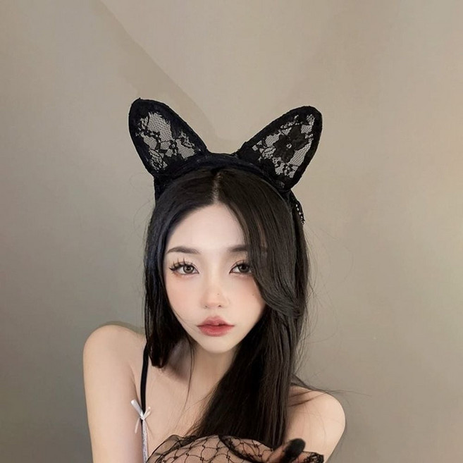할로윈 구미호코스프레 귀머리띠 세트 소품 꼬리 코스튬 고양이귀 파티용품 헤어밴드, 땡땡이, 블랙