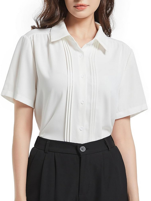 YAMANMAN 여성 반팔 블라우스 셔링 블라우스 루즈핏 우아한 출근룩 셔츠 상의