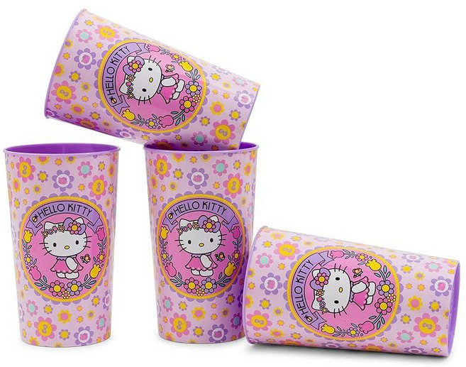 Silver Buffalo Sanrio 헬로 키티 플라워 4피스 플라스틱 컵 세트 | 생일 파티 이벤트를 위한 재사용 가능한 음료 용기 각 623.7g(22온스) 용량, SILVER 실버 Buffalo Sanrio 헬로 키티