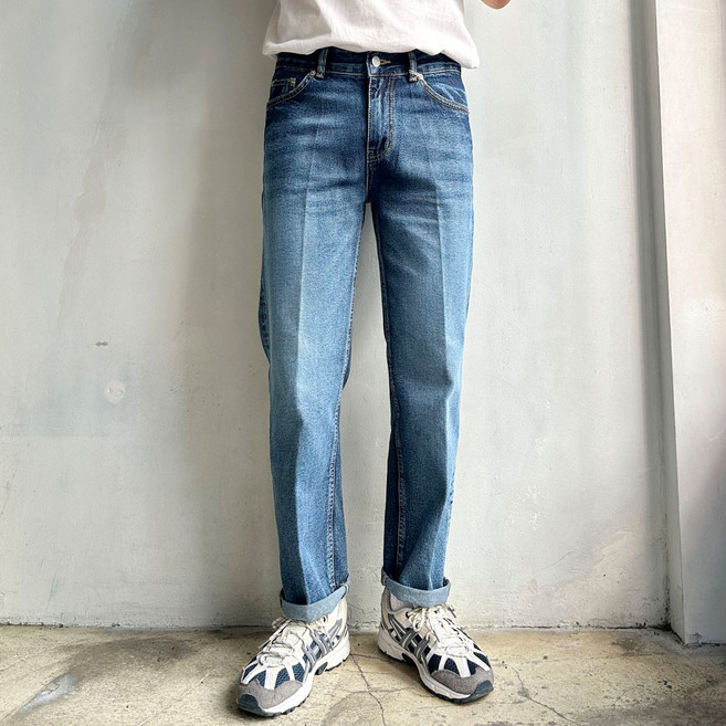 라운지21 남자 데일리 테이퍼드 핏 중청워싱 9부 청바지