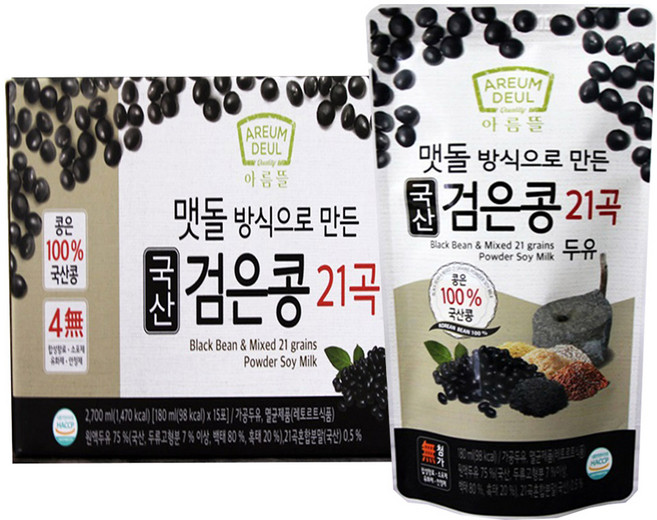 [본사직영] 아름뜰 100% 국산 검은콩 21곡두유 45팩 ( 4 무첨가 ), 45개, 180ml