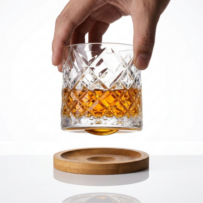 닉스리빙 회전형 스핀 글라스 롤링 언더락 위스키잔 + 받침대 세트, 1개