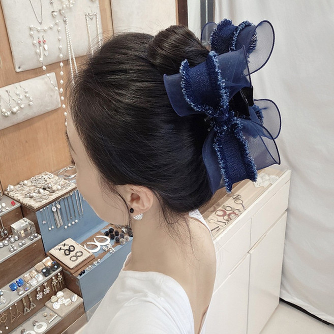 연청 찐청 올플림 트위드 데님 청지 시스루 믹스 왕리본 올림머리 집게핀