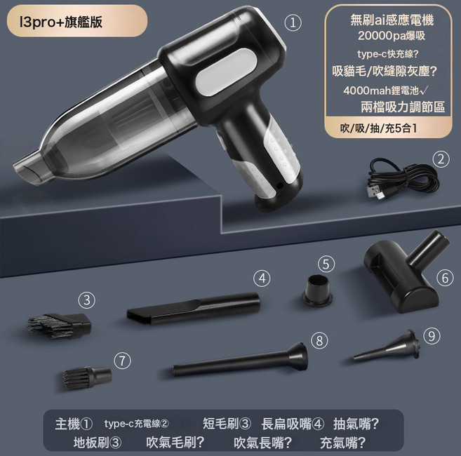 無線手持車載吸塵器 車家兩用小型便攜, 需自備轉接頭, 旗艦版黑20000Pa無刷吸吹抽充4000mAh30
