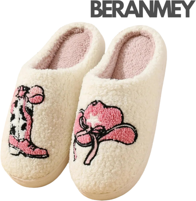 Beranmey 귀여운 자수 털슬리퍼 겨울 사무실 실내화 증간소음뽀글이슬리퍼