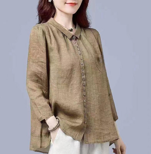 ROYALBELLE 여성 봄가을 린넨 면 혼방 셔츠 간편한 넉넉한 핏 버튼 디테일 E0121910