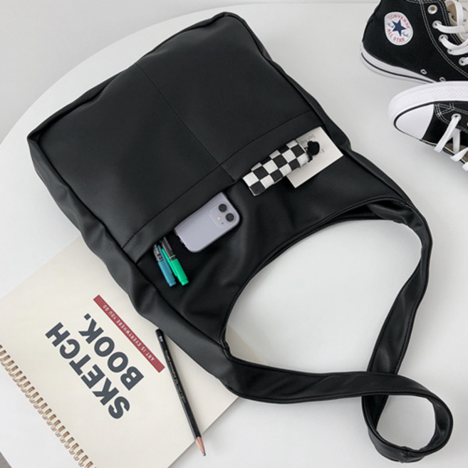 담찌마켓 남녀공용 가죽 에코백 트윈 포켓 레더 숄더백 대학생 전공가방 빅사이즈 데일리 캐주얼백 DZ2982