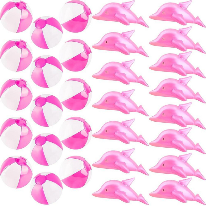 Feradny 30팩 공기 주입식 돌고래 및 공 세트 50.8cm(20인치) 블로우 업 15개와 22.9cm(9인치) 핑크 비치 볼 15개 포함 해변 수영장 파티 선물 장식, Feradny 30팩 공기 주입식 돌고래 및 공 세트,