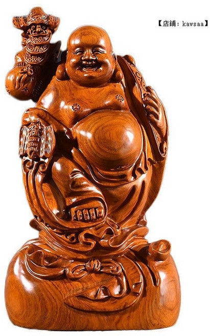 kawsaa 彌勒笑佛像 實木雕刻招財擺件, 整木精雕花梨木福錢彌勒,整木精雕高15厘米