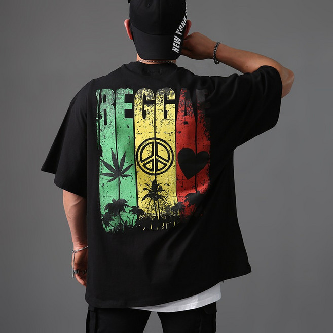 오버핏 삼단컬러 자메이카 백프린트 박스 반팔티