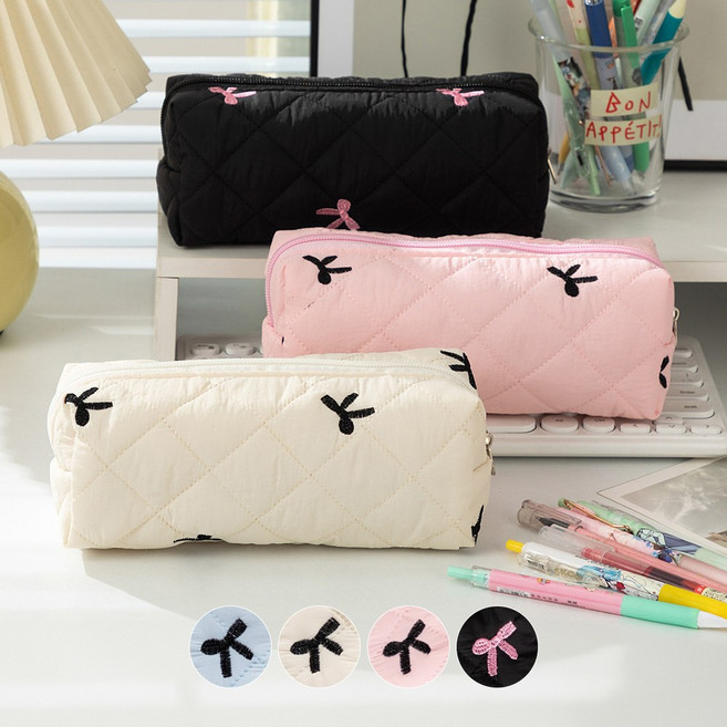 감성픽 러블리 리본 필통 가로형 파우치, 1개, 아이보리