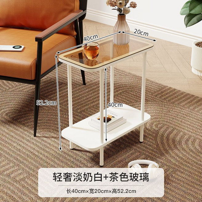 雙層玻璃茶几 簡約沙發邊桌 長60cm, 白, 茶色, 40長度