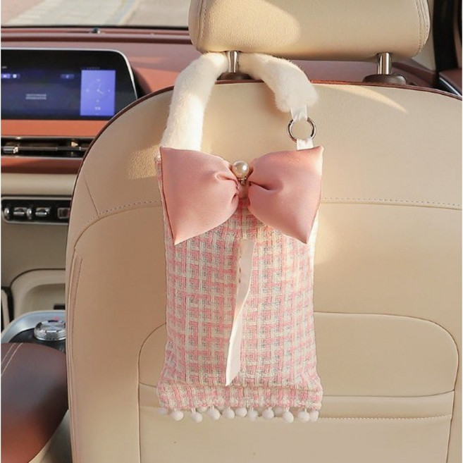 차량용 티슈케이스 리본 리틀띵즈 휴대용 물티슈 휴지걸이 차꾸템, 1개, 베이비핑크