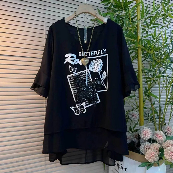 페이준 여성 여름 빅사이즈 날씬해 보이는 반팔티 나비 프린트 루즈핏 블라우스 LN3732