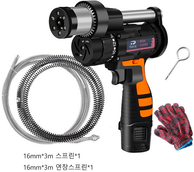 충전식 하수구 뚫는기계 전동 스프링청소기 배관 하수도 막힘 전동관통기, 1개, 16.8V 6.0M