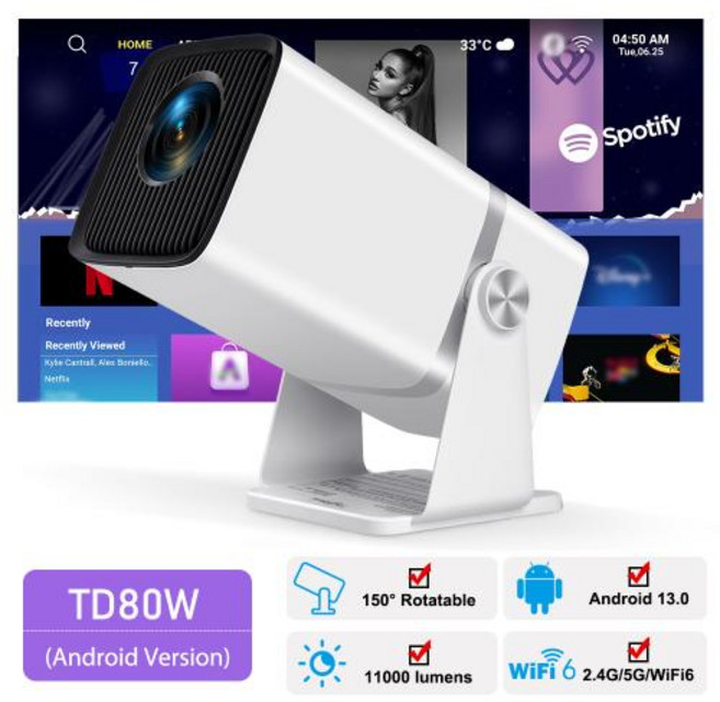 미니 빔프로젝터 초단초점 업그레이드버전 LED 휴대용 와이파이 홈시네마 빔 프로젝터 4K 풀 HD FHD TD80W 안드로이드 3D 홈 시어터 회의 비디오 영화 PK HY320 가, 1) Android Version - EU 플러그