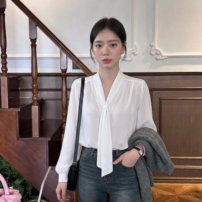 에리르 하객룩 쉬폰 타이 블라우스 루즈핏 브이넥 퍼프 소매 셔츠