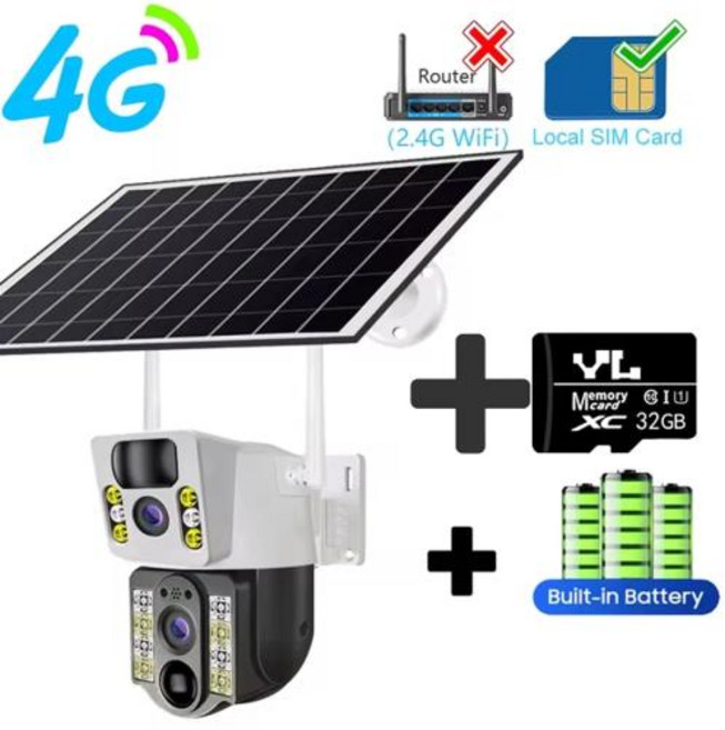 4K 태양광 SIM 카드 듀얼 8MP HD 야간 IP CCTV PTZ PIR 인간 감지 방수 카메라, 1)4G Cam Add 32G Card, 1개