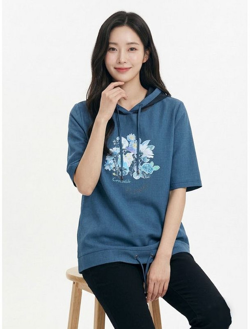 크로커다일레이디 블루 플라워 프린팅 메쉬소매 반팔 후드티셔츠 CLCMTS124