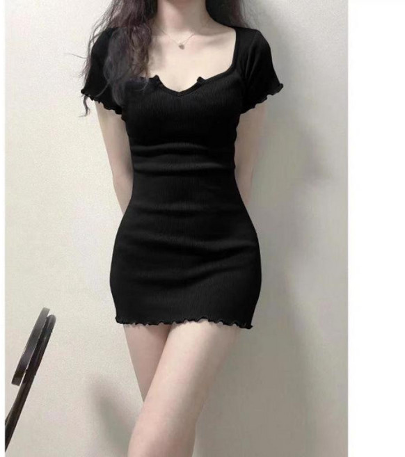 法式顯瘦短袖連衣裙, 黑色