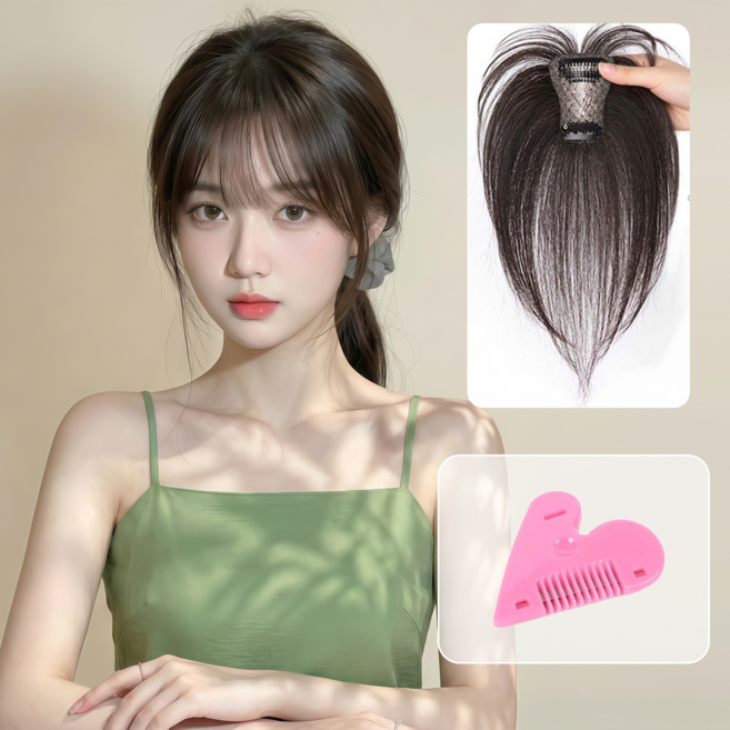 Leesheer 여자 수제 정수리 부분가발 100%인모 자연스러운 앞머리 가발, 프렌치 앞머리(내추럴)6*8cm, 1개