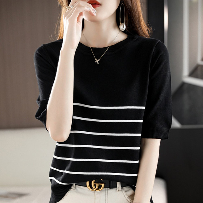자칠 여성 니트 반팔 티셔츠 라운드 넥 스트라이프 루즈핏 여름 린넨 혼방 아이스 실크