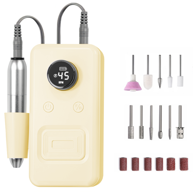 RUNDX 네일드릴 무선 전동 젤네일 드릴 45단 속도 조절, 1개, 옐로우