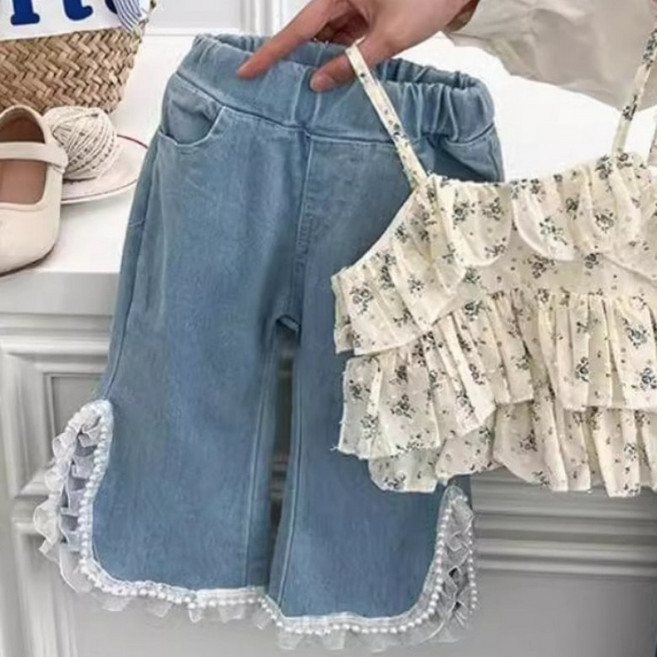 구빠방 아동 플로럴 나시 진주 레이스 데님 팬츠 투피스