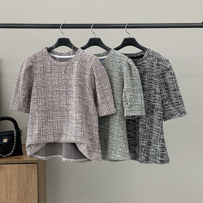 행복여 린르 트위드 벌룬 퍼프 소매 반팔 티셔츠