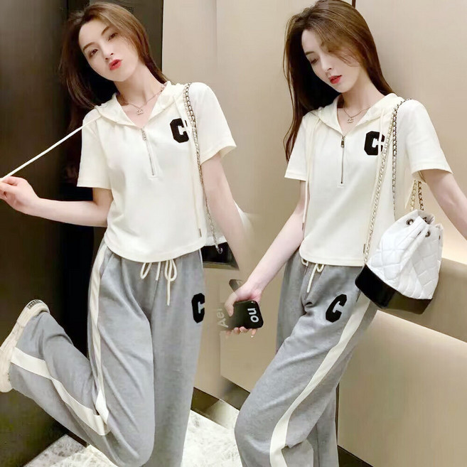 夏季女款連帽運動套裝｜短袖上衣+高腰闊腿褲兩件式｜休閒穿搭｜透氣吸汗
