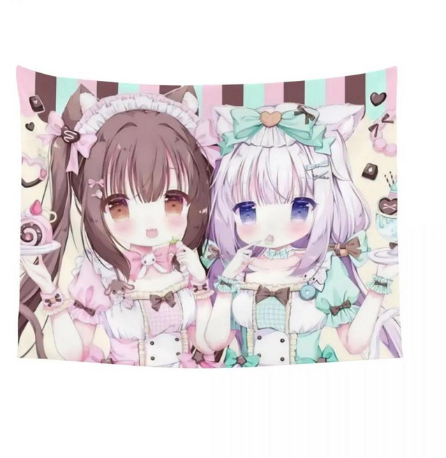 애니메이션 네코파라 태피스트리 벽걸이 히피 벽 초콜라 바닐라 귀여운 담요 침실 벽장식, 1개, 색상: 5. 8 / 크기: A. One Size