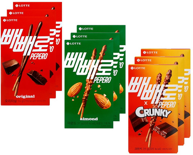롯데웰푸드 빼빼로 3종 3개씩 (초코 오리지널54g+아몬드37g+크런키39g), 1개
