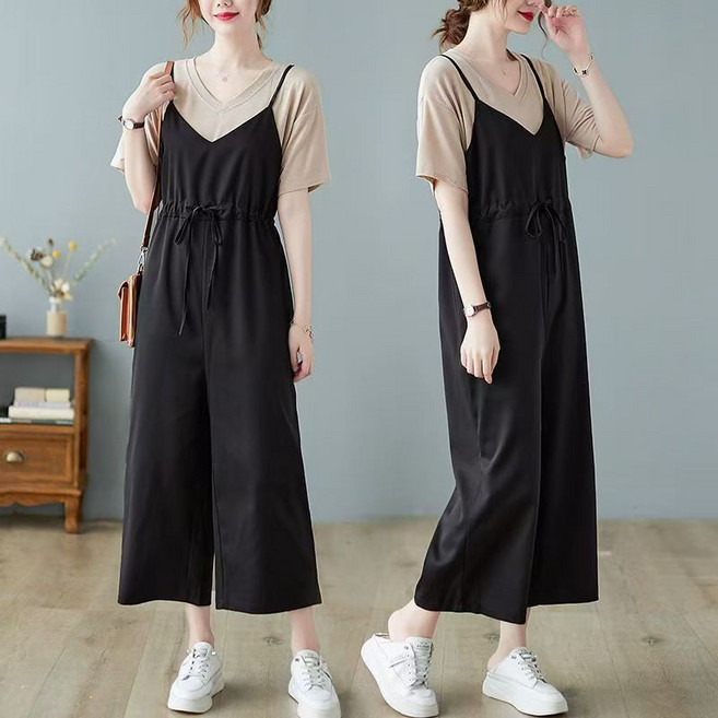 Timepure 여성 여름 빈티지 캐주얼 반팔 티셔츠 레이어드 점프수트 데일리 편안한 빅사이즈 와이드 멜빵바지 롱원피스