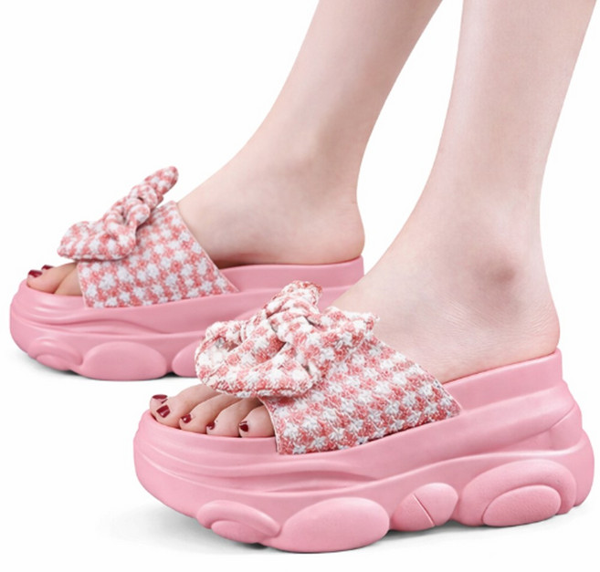 차쿠 여성 통굽 슬리퍼 왕리본 통굽 슬리퍼 굽높이 8cm