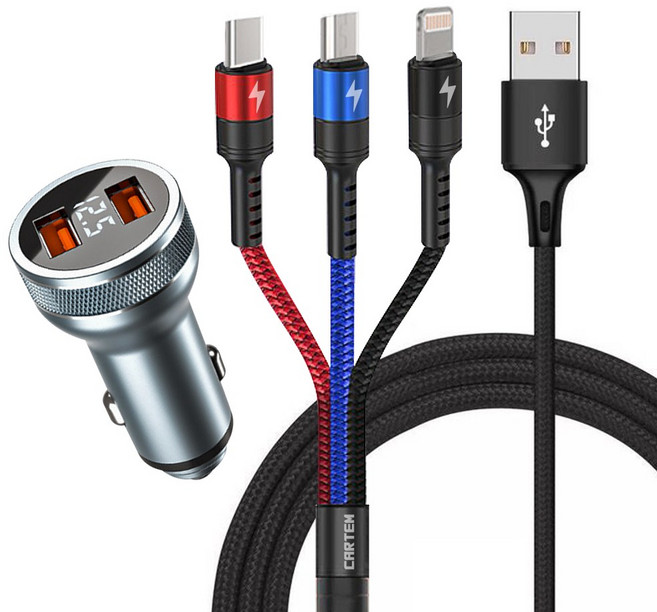 카템 3in1 트리플 고속충전 케이블 65cm + 풀메탈 LED 차량용 고속충전기 36W, 혼합색상