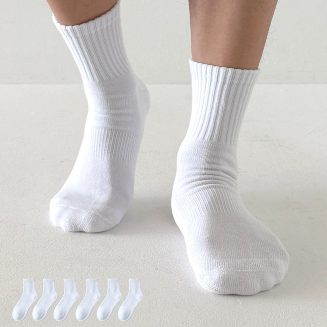 래비뜨 국산 남성 두툼한 쿠션 바닥 무지 중목 스포츠 양말 6팩, 화이트, 1세트