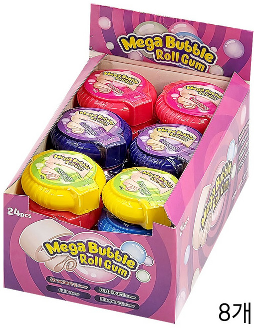 메가 버블 롤 껌 (딸기맛 / 콜라맛 / 투티푸르티맛 / 블루베리맛), 8개, 12g