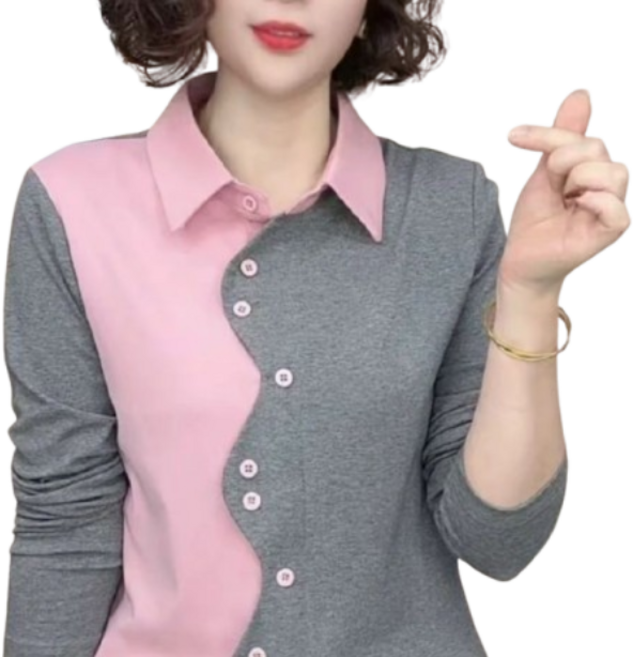 빅사이즈 중년 여성 긴팔 티셔츠 봄가을 패션 패치워크 긴팔티 캐주얼 코디 이너핏 셔츠 상의 YHY