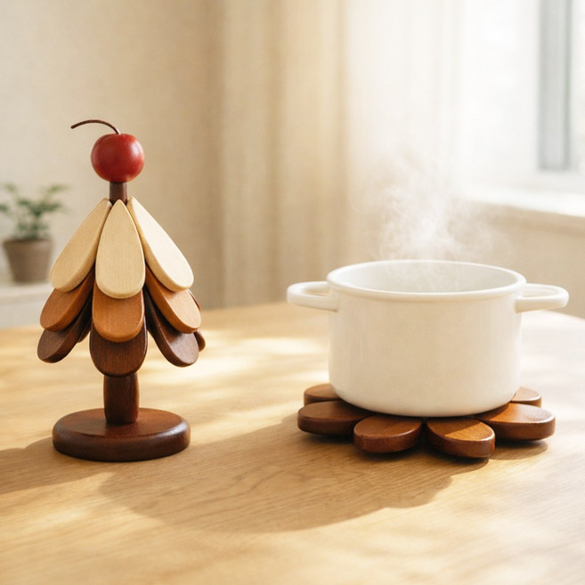 앙플러스 센스있는 집들이 선물 우드 냄비 받침, 1개, 혼합색상+사과