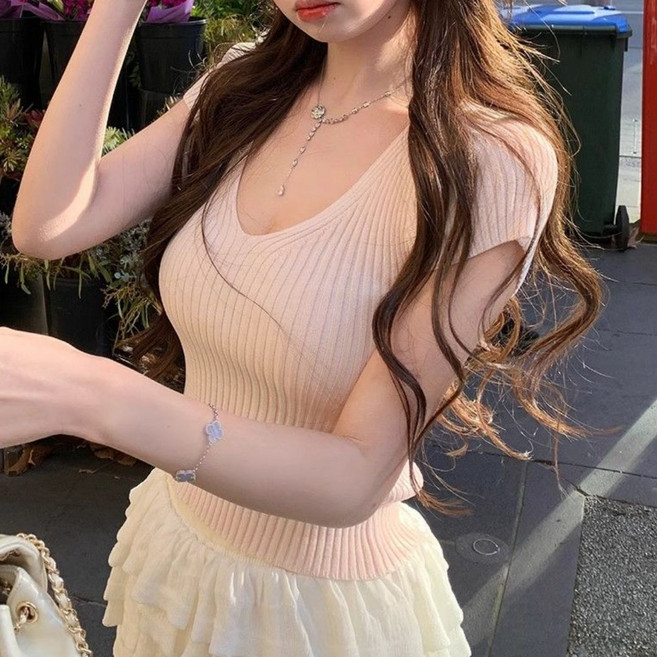 노이디제이 DJ1207 데일리 슬림 골지 브이넥 얇은 반팔 니트