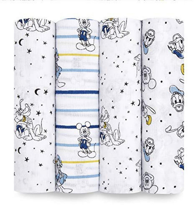 Aden + anais Essentials 면 모슬린 포대기 통기성 있는 아기 담요 남아 여아 신생아 아기 및 유아에게 이상적 속싸개 부드럽고 가벼운 랩 4팩, 미키 스타게이저