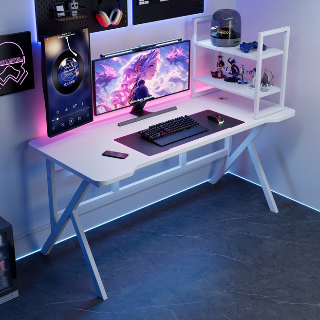 심씨무 K자 다용도 게이밍 컴퓨터 책상, 탄소 섬유 화이트